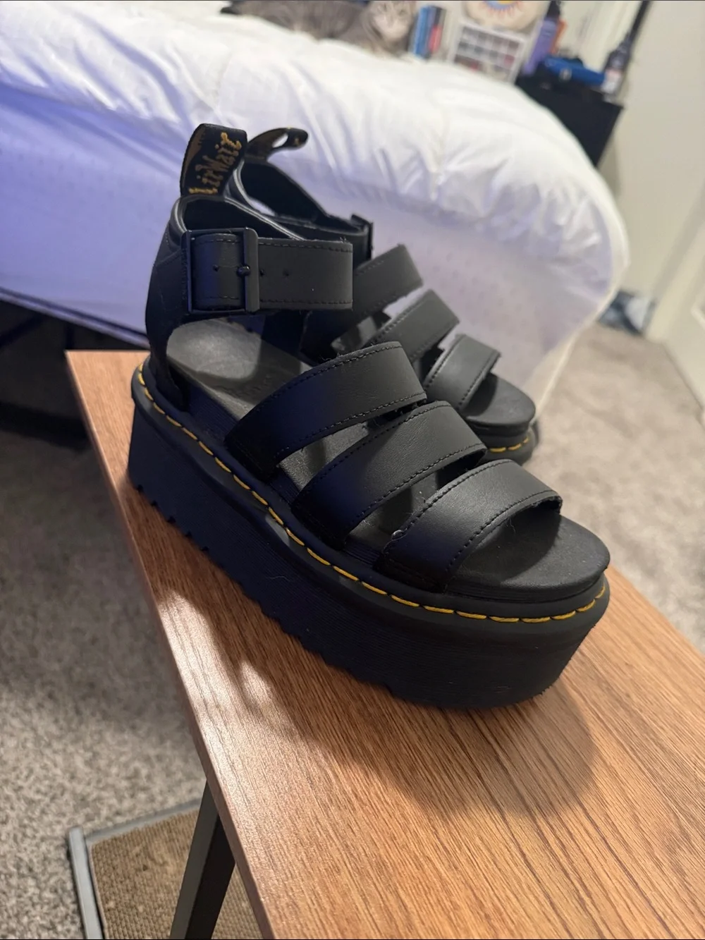Dr. Martens Blaire Quad Platform Sandals in Black Leather with Yellow Stitch - Picture 2 of 5